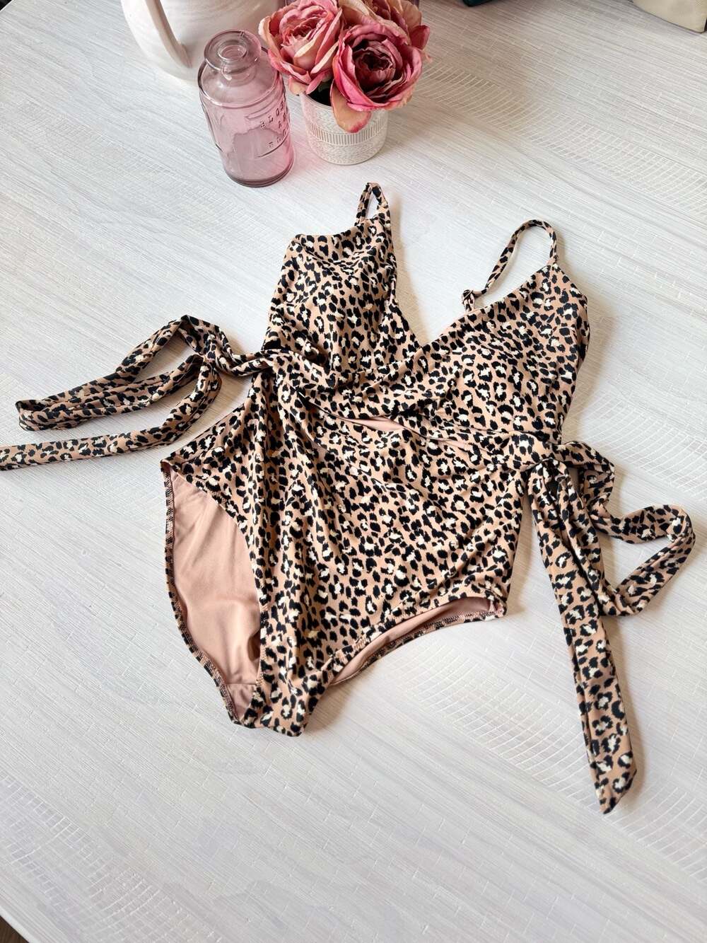 Aerie Leopard Print Wrap One Piece Swimsuit Size L Long